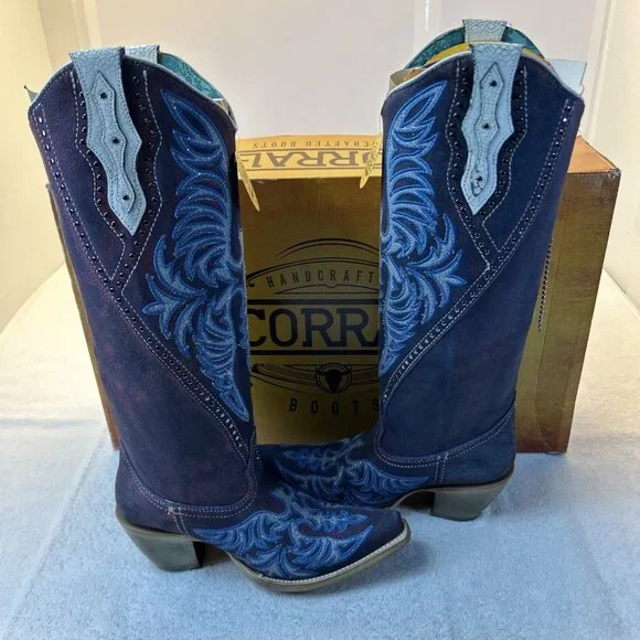 Corral Boots Cowgirl Overlay Embroidered Long Metal Fringe Blue Women SZ 7 - Picture 2 of 13